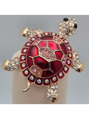 Turtle Crystal Red Enamel Pendant Necklace/Brooch w/Rhinestones Gold